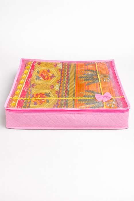 Pink Saree Folder Bag with Transparent Cover | Non Woven Clothes Storage Organizer with Zip Closure
