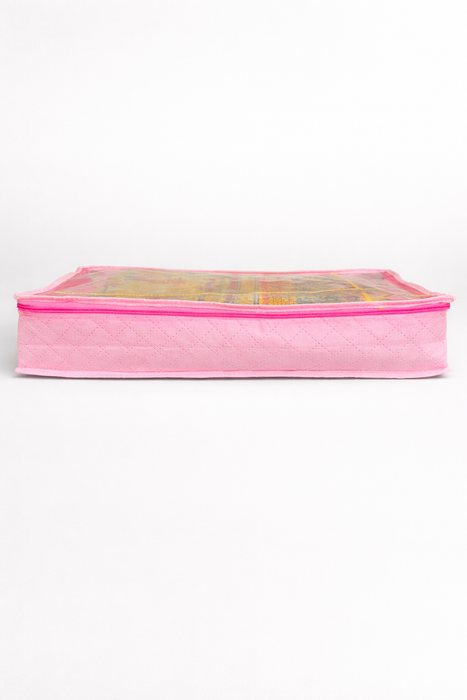 Pink Saree Folder Bag with Transparent Cover | Non Woven Clothes Storage Organizer with Zip Closure