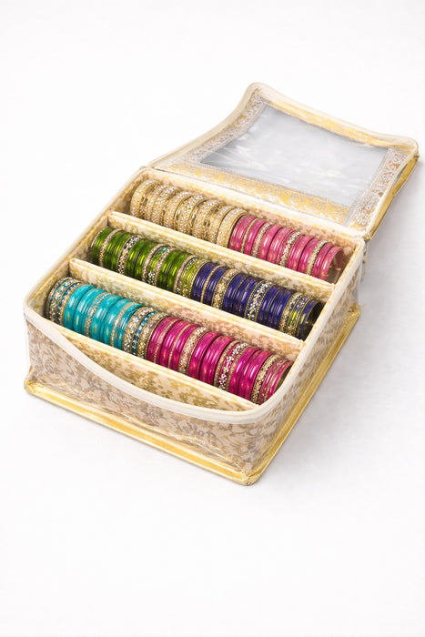 Golden 3 Compartment Bangle Box with Transparent Lid |Brocade Hardboard Three Rod Bangle Box