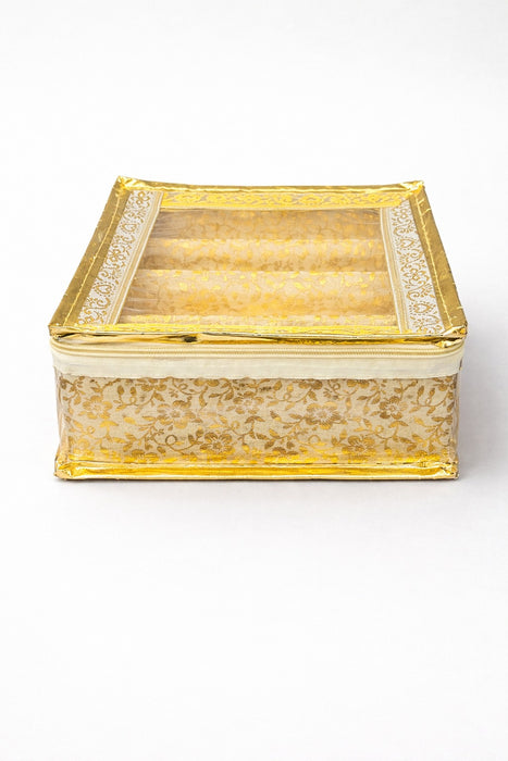 Golden 3 Compartment Bangle Box with Transparent Lid |Brocade Hardboard Three Rod Bangle Box