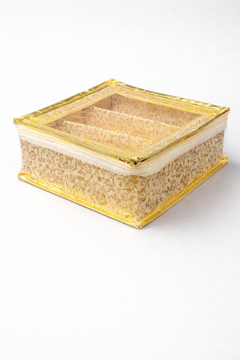 Golden 3 Compartment Bangle Box with Transparent Lid |Brocade Hardboard Three Rod Bangle Box