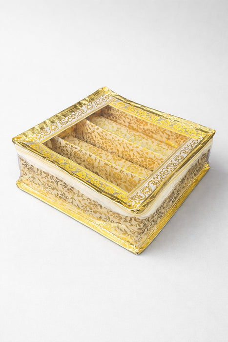 Golden 3 Compartment Bangle Box with Transparent Lid |Brocade Hardboard Three Rod Bangle Box