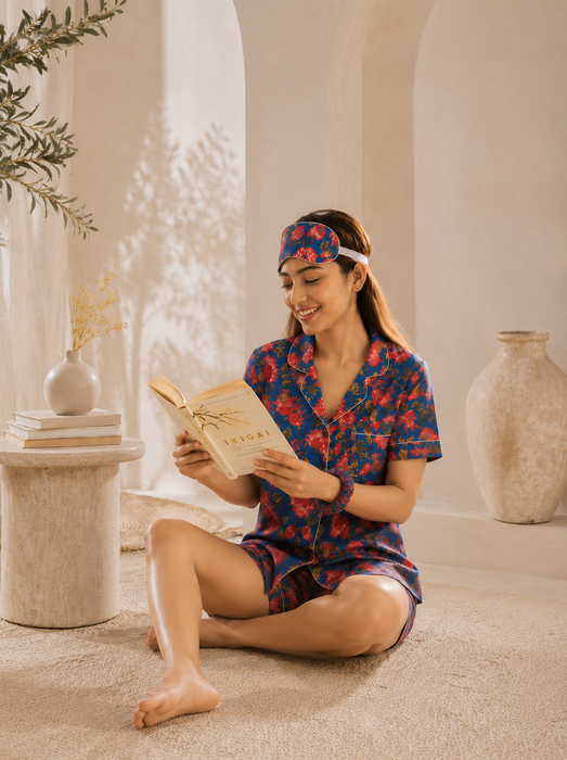 Blue Floral Cotton Short Night Suit Set with Eye Mask & Scrunchie for Women