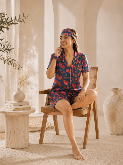Blue Floral Cotton Short Night Suit Set with Eye Mask & Scrunchie for Women