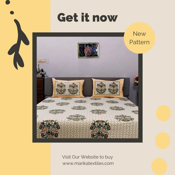 Indian Hand-Block Bedsheet Decorative Cotton King Size Coverlet with Pillow Cover Set Olive Green Floral Bedspread