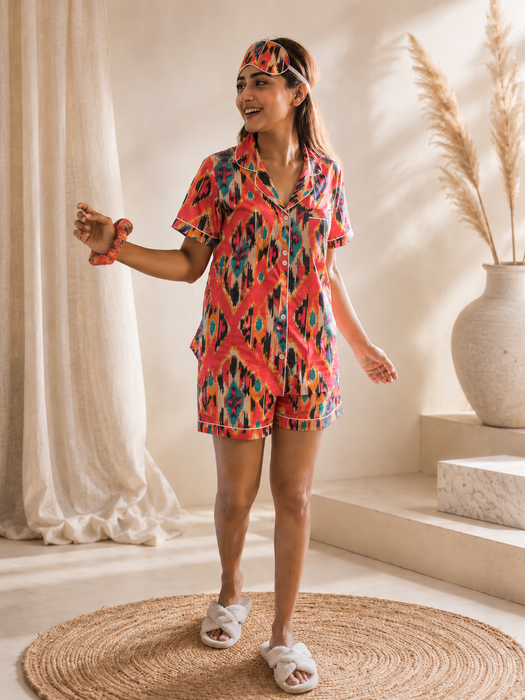 Women’s Ikat Print Cotton Short Night Suit Set with Eye Mask & Scrunchie