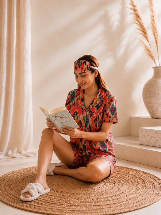 Women’s Ikat Print Cotton Short Night Suit Set with Eye Mask & Scrunchie