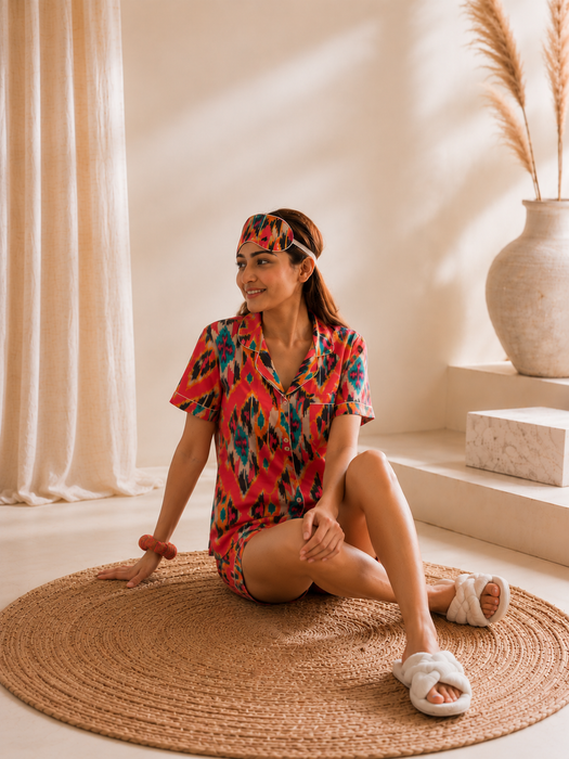 Women’s Ikat Print Cotton Short Night Suit Set with Eye Mask & Scrunchie