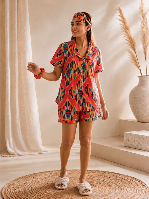Women’s Ikat Print Cotton Short Night Suit Set with Eye Mask & Scrunchie