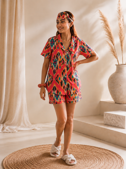 Women’s Ikat Print Cotton Short Night Suit Set with Eye Mask & Scrunchie