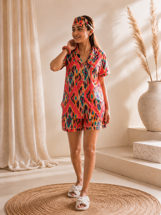 Women’s Ikat Print Cotton Short Night Suit Set with Eye Mask & Scrunchie