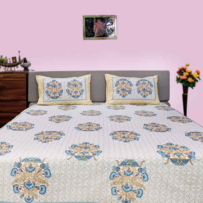 Cotton Handmade Bedsheet with Pillow Covers Decorative Bedcover King Size Floral Print Coverlet