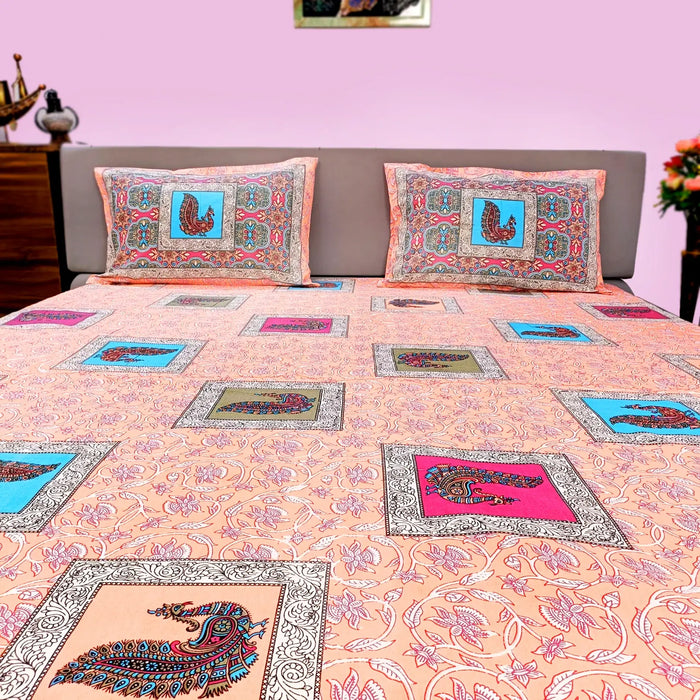 Cotton Bedsheet Two with Pillow Cover Set Peach Color Indoor Bedcover 3D Printed Indian Coverlet