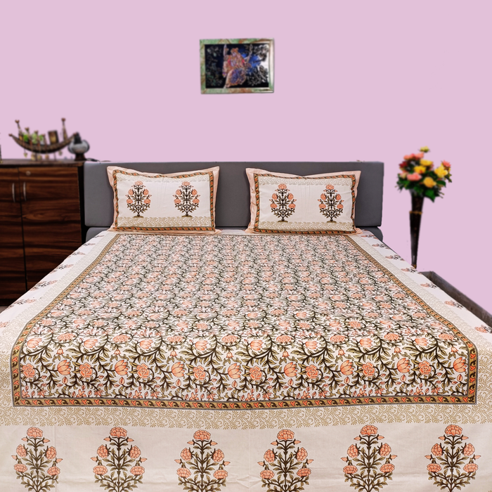 'Marika Textiles' Bedsheet with 2 Pillow Cover Orange Floral Print Bedcover Cotton King Size Coverlet