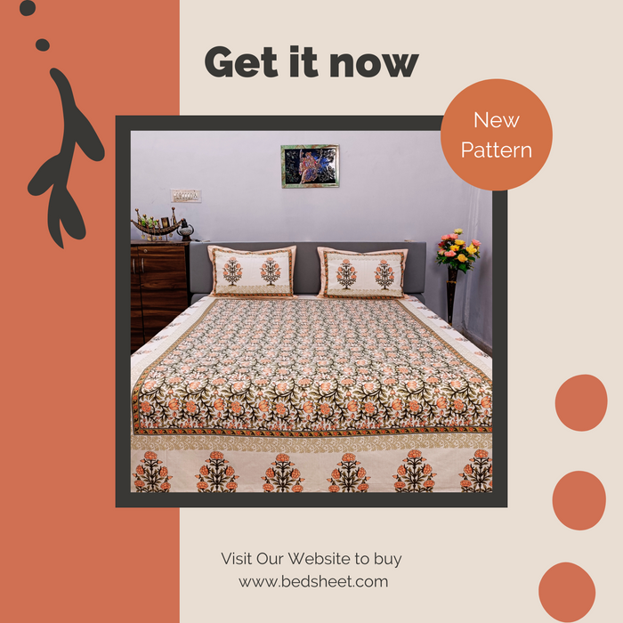 'Marika Textiles' Bedsheet with 2 Pillow Cover Orange Floral Print Bedcover Cotton King Size Coverlet