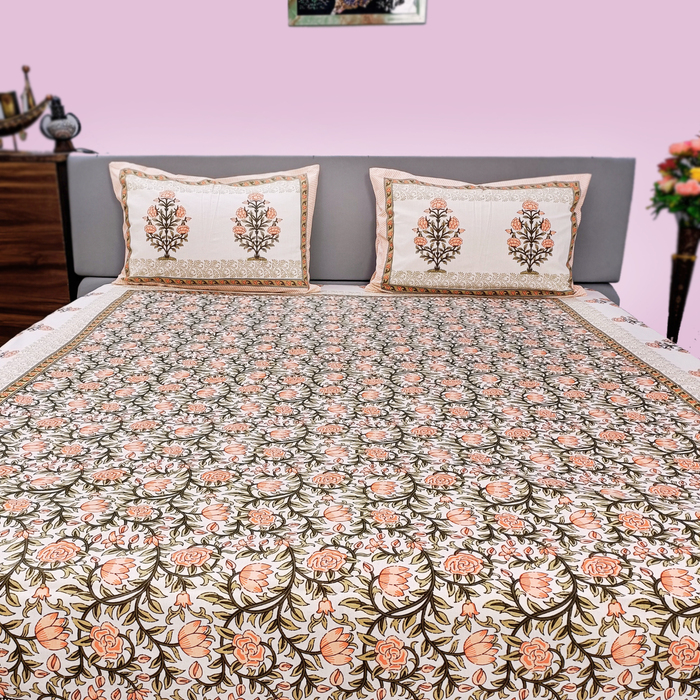 'Marika Textiles' Bedsheet with 2 Pillow Cover Orange Floral Print Bedcover Cotton King Size Coverlet