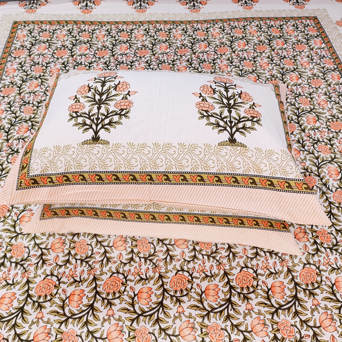 'Marika Textiles' Bedsheet with 2 Pillow Cover Orange Floral Print Bedcover Cotton King Size Coverlet