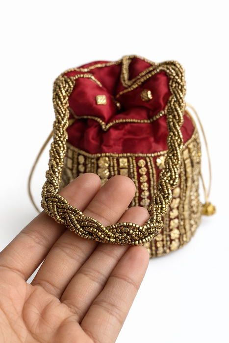 Beaded Bridal Potli Bag Gold Maroon Wedding Purse