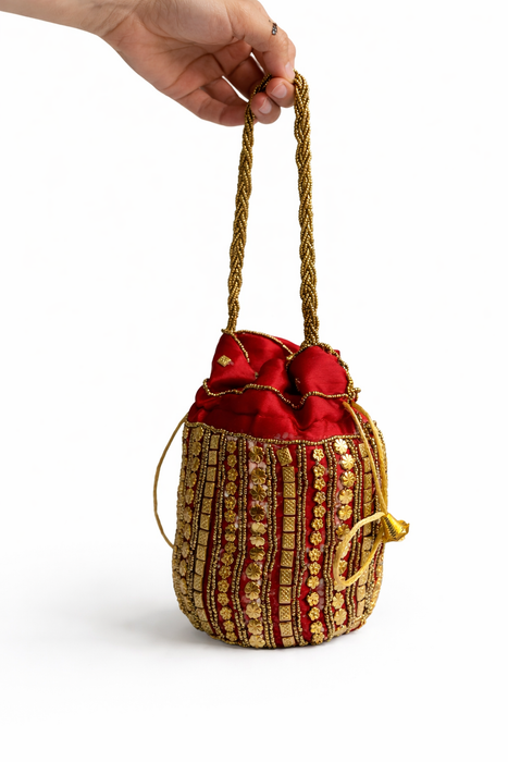 Beaded Bridal Potli Bag Gold Maroon Wedding Purse