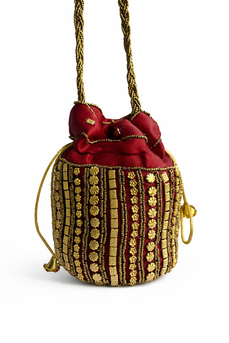 Beaded Bridal Potli Bag Gold Maroon Wedding Purse