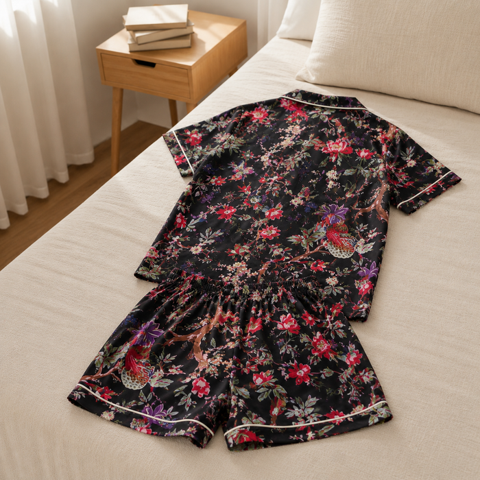 Women’s Black Floral Cotton Short Night Suit Set | Soft Button-Down Sleepwear