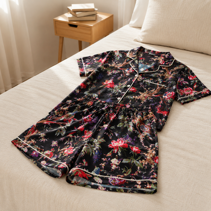 Women’s Black Floral Cotton Short Night Suit Set | Soft Button-Down Sleepwear