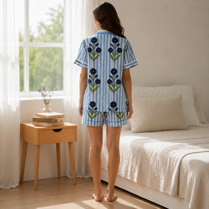 Women’s Blue Striped Floral Cotton Short Night Suit Set | Button-Down Sleepwear