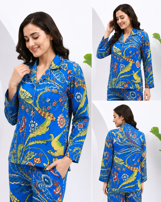 Women’s 100% Cotton Night Suit Set | Blue Bird Print Pajama Set | Tropical Floral Sleepwear |