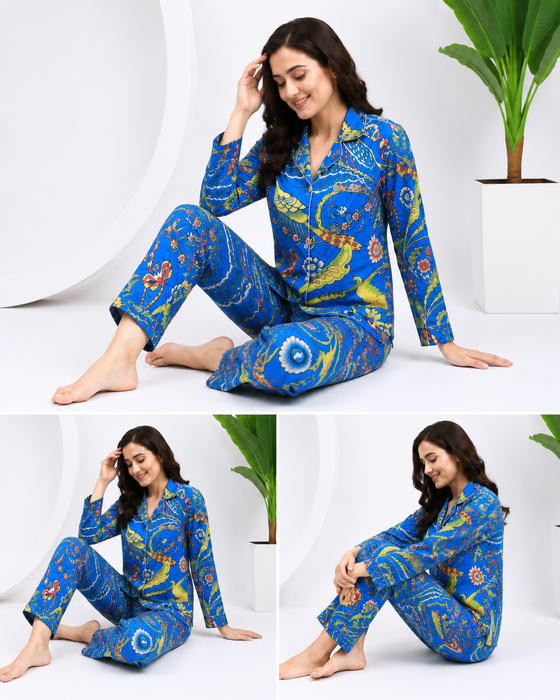 Women’s 100% Cotton Night Suit Set | Blue Bird Print Pajama Set | Tropical Floral Sleepwear |