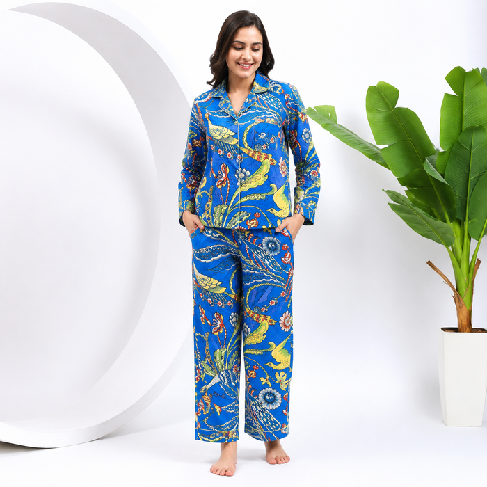 Women’s 100% Cotton Night Suit Set | Blue Bird Print Pajama Set | Tropical Floral Sleepwear |