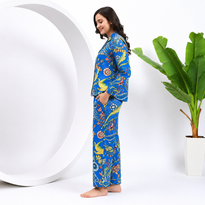 Women’s 100% Cotton Night Suit Set | Blue Bird Print Pajama Set | Tropical Floral Sleepwear |