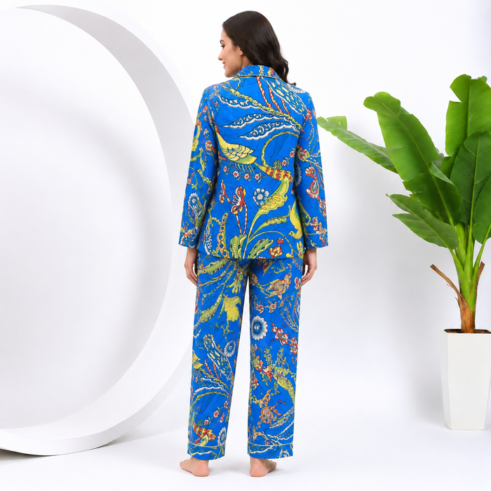 Women’s 100% Cotton Night Suit Set | Blue Bird Print Pajama Set | Tropical Floral Sleepwear |
