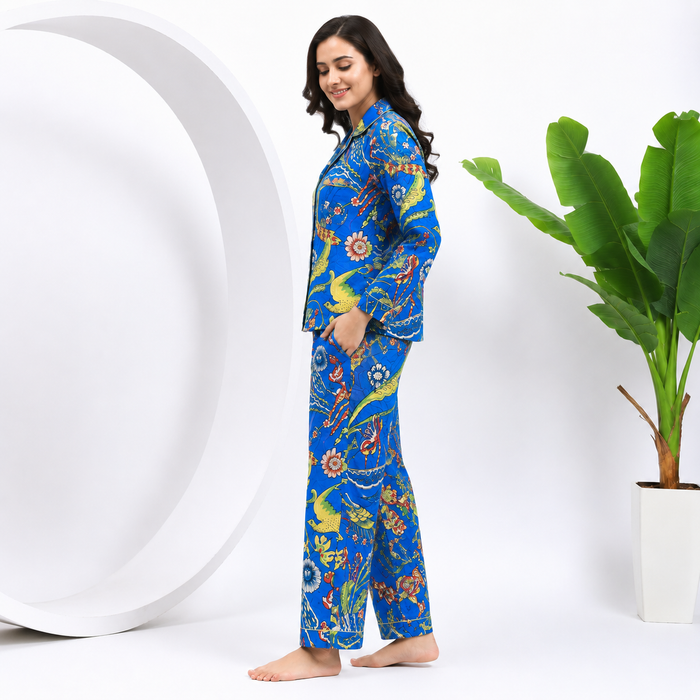 Women’s 100% Cotton Night Suit Set | Blue Bird Print Pajama Set | Tropical Floral Sleepwear |