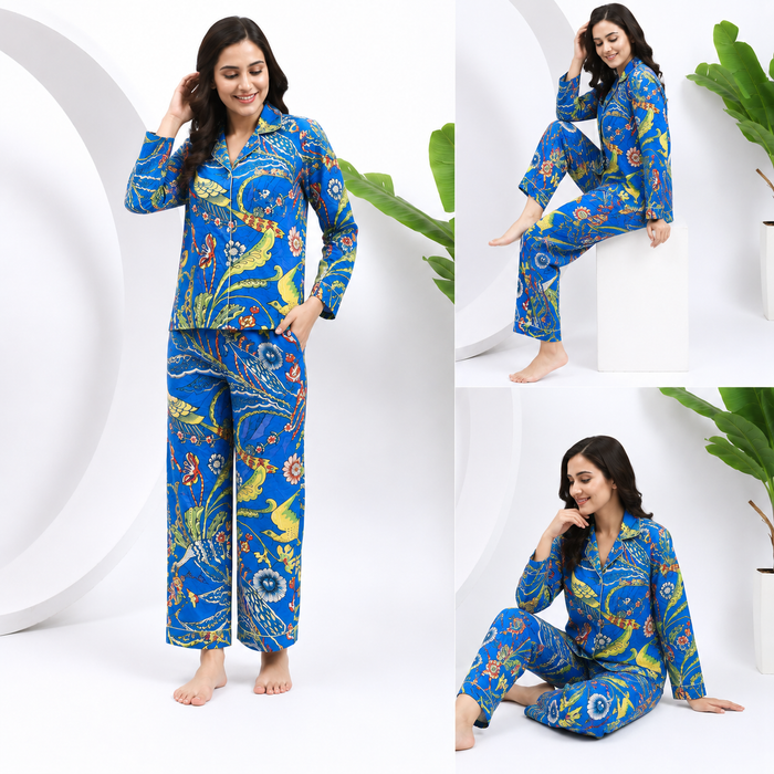 Women’s 100% Cotton Night Suit Set | Blue Bird Print Pajama Set | Tropical Floral Sleepwear |