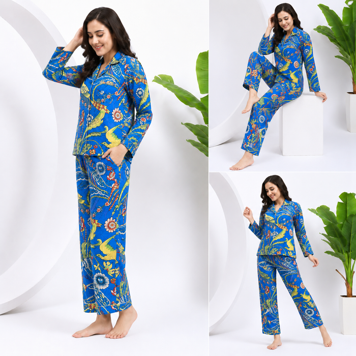 Women’s 100% Cotton Night Suit Set | Blue Bird Print Pajama Set | Tropical Floral Sleepwear |