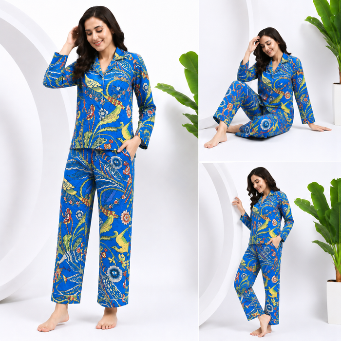 Women’s 100% Cotton Night Suit Set | Blue Bird Print Pajama Set | Tropical Floral Sleepwear |