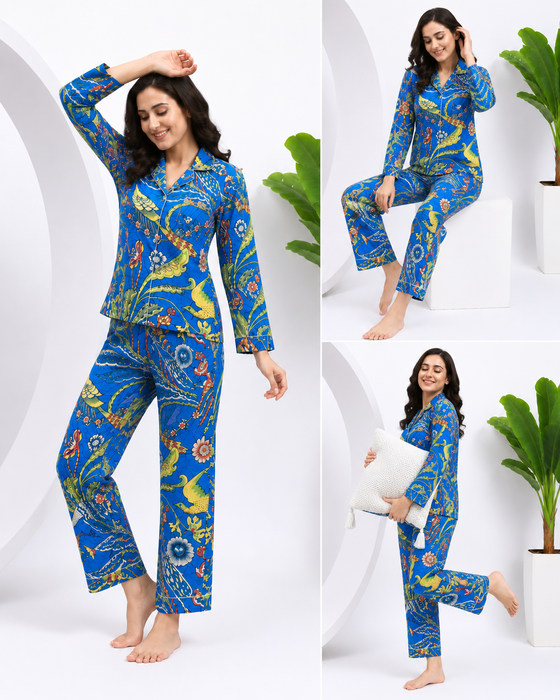 Women’s 100% Cotton Night Suit Set | Blue Bird Print Pajama Set | Tropical Floral Sleepwear |