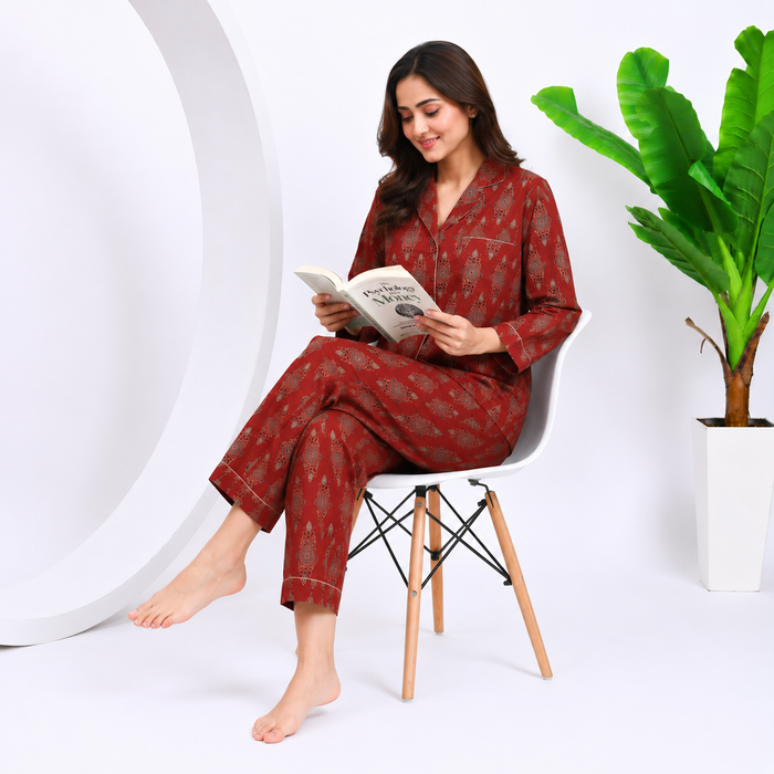 Women’s Hand Block Print Maroon Cotton Night Suit Set | Full Sleeve Button-Down Pajama Set