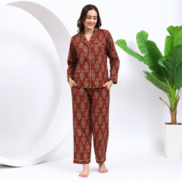 Women’s Hand Block Print Maroon Cotton Night Suit Set | Full Sleeve Button-Down Pajama Set