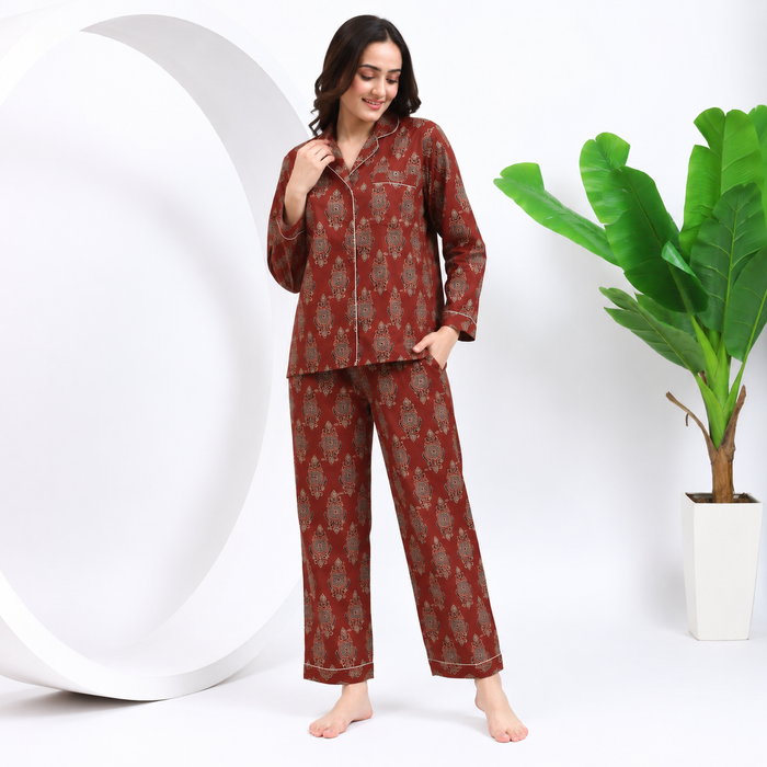 Women’s Hand Block Print Maroon Cotton Night Suit Set | Full Sleeve Button-Down Pajama Set