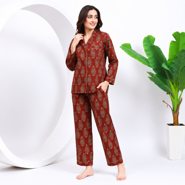Women’s Hand Block Print Maroon Cotton Night Suit Set | Full Sleeve Button-Down Pajama Set