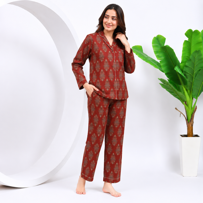 Women’s Hand Block Print Maroon Cotton Night Suit Set | Full Sleeve Button-Down Pajama Set