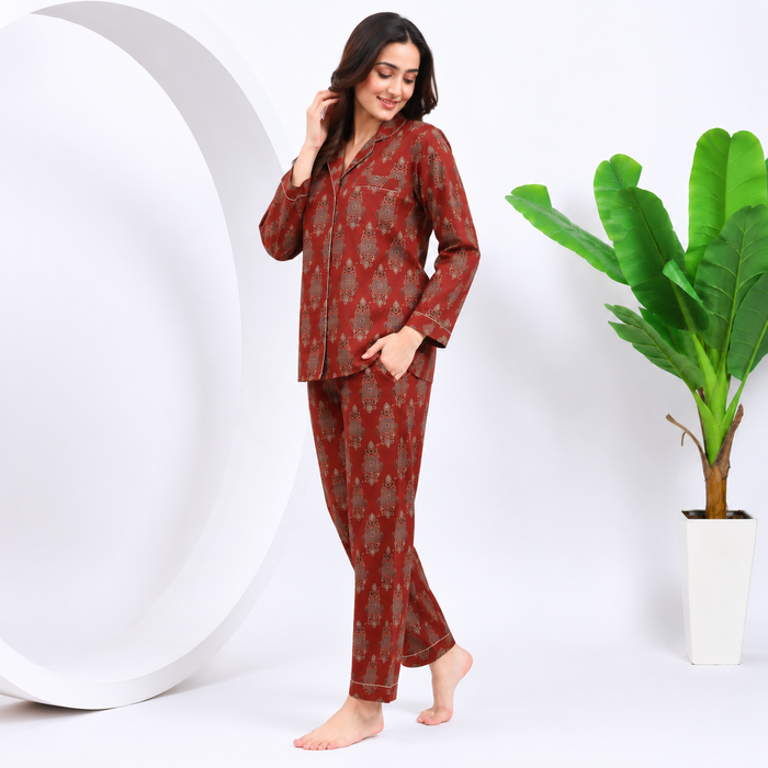 Women’s Hand Block Print Maroon Cotton Night Suit Set | Full Sleeve Button-Down Pajama Set