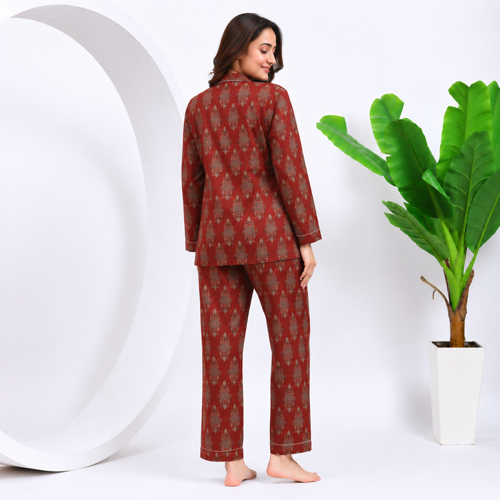 Women’s Hand Block Print Maroon Cotton Night Suit Set | Full Sleeve Button-Down Pajama Set