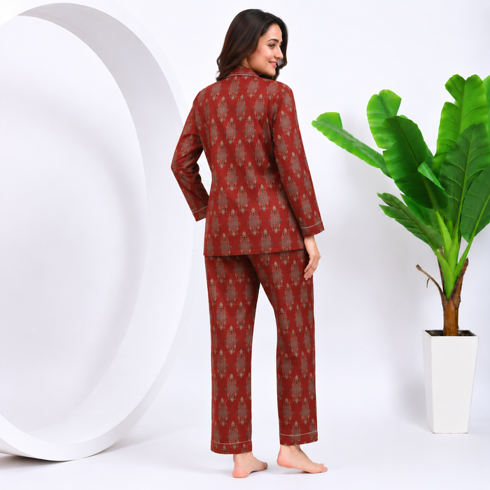Women’s Hand Block Print Maroon Cotton Night Suit Set | Full Sleeve Button-Down Pajama Set