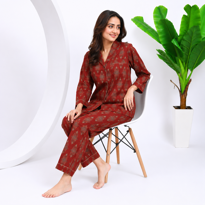 Women’s Hand Block Print Maroon Cotton Night Suit Set | Full Sleeve Button-Down Pajama Set