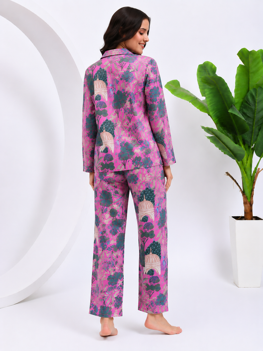Pink Cotton Pajama Set for Women Botanical Sleepwear