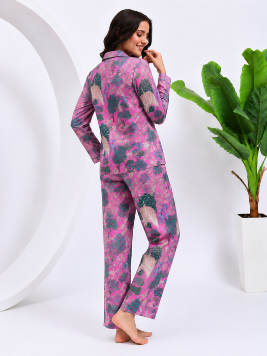 Pink Cotton Pajama Set for Women Botanical Sleepwear
