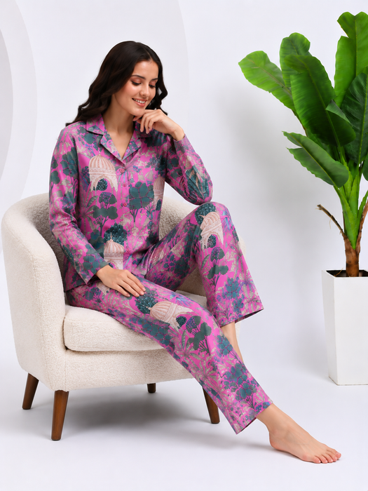 Pink Cotton Pajama Set for Women Botanical Sleepwear