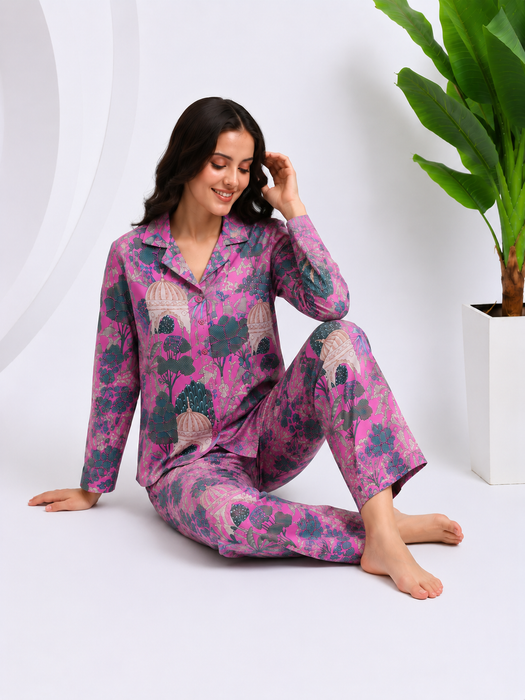 Pink Cotton Pajama Set for Women Botanical Sleepwear